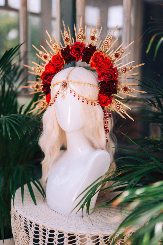 Crown Of Roses, Red Gold Crown, Statement Headpiece, Floral Halo, Carnival Costume, Rose Tiara, Festival Headdress, Handmade Crown