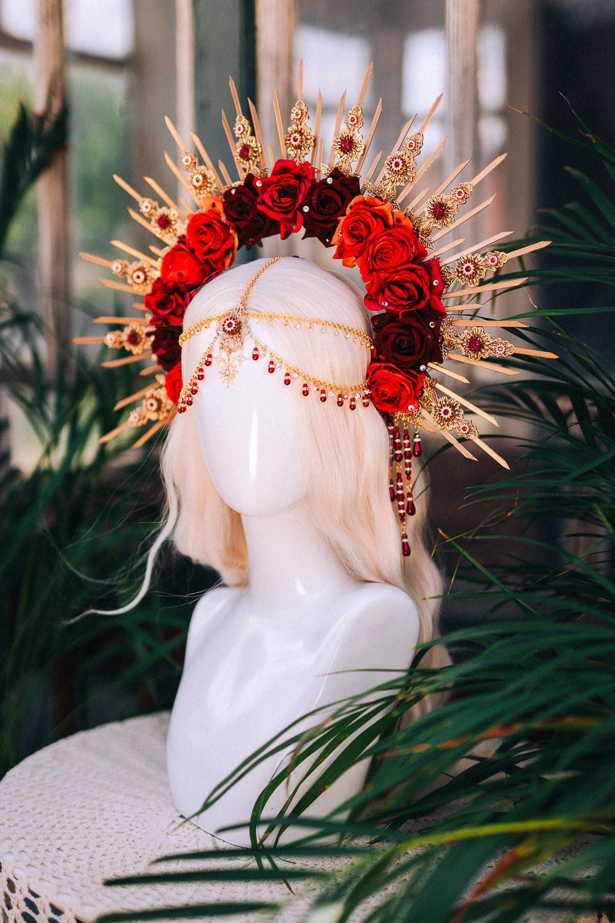 Crown Of Roses, Red Gold Crown, Statement Headpiece, Floral Halo, Carnival Costume, Rose Tiara, Festival Headdress, Handmade Crown
