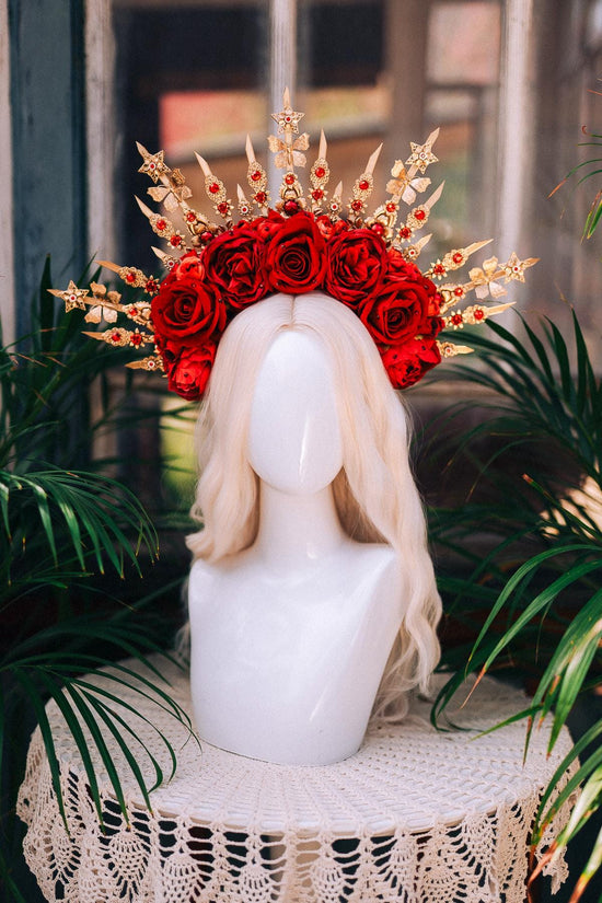 Red Rose Halo Crown, Gold Star Crown, Gothic Flower Crown, Handmade Statement Crown, Carnival Costume Headpiece, Festival Queen Crown
