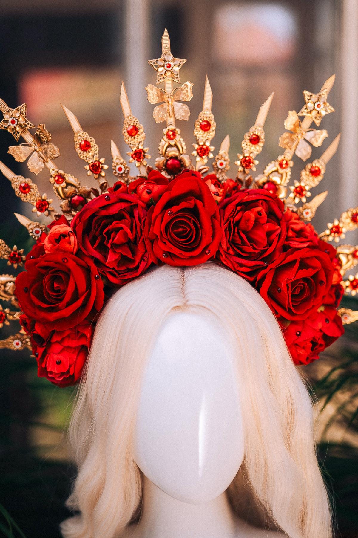 Red Rose Halo Crown, Gold Star Crown, Gothic Flower Crown, Handmade Statement Crown, Carnival Costume Headpiece, Festival Queen Crown