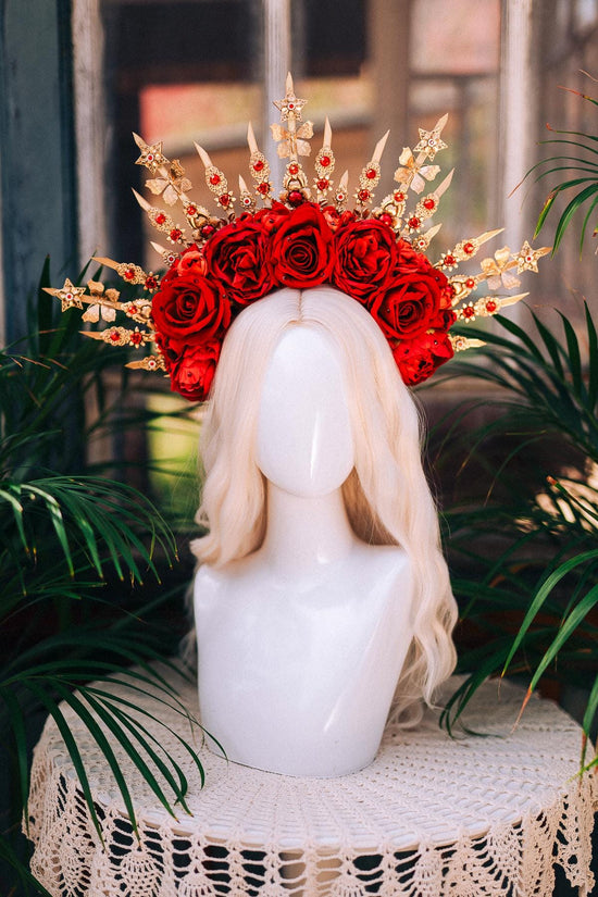 Red Rose Halo Crown, Gold Star Crown, Gothic Flower Crown, Handmade Statement Crown, Carnival Costume Headpiece, Festival Queen Crown