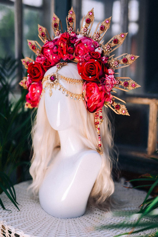 Radiant Pink Red Crown, Flower Halo Crown, Rose Festival Headpiece, Bridal Flower Crown, Fantasy Costume Crown, Handmade Goddess Halo