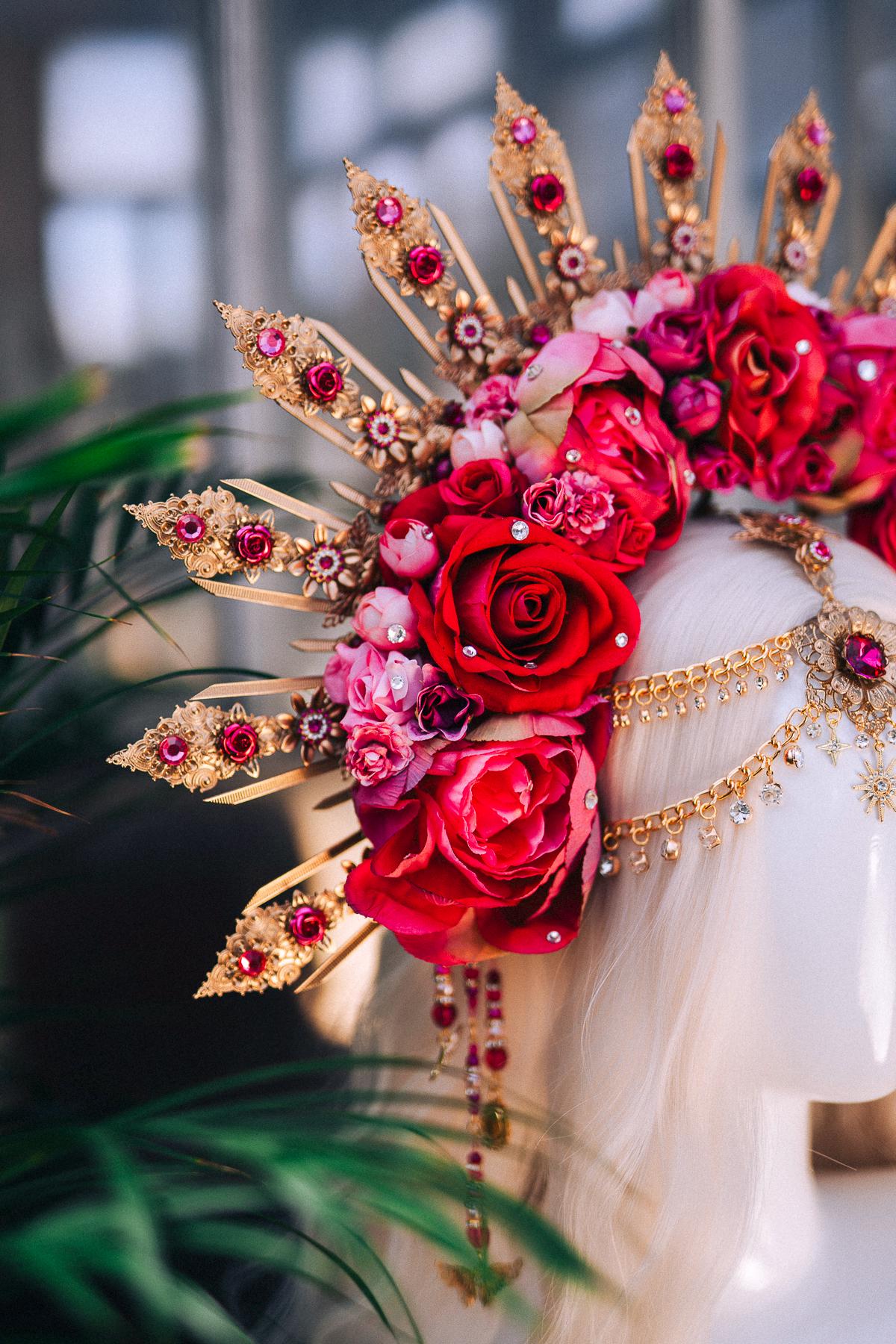 Radiant Pink Red Crown, Flower Halo Crown, Rose Festival Headpiece, Bridal Flower Crown, Fantasy Costume Crown, Handmade Goddess Halo