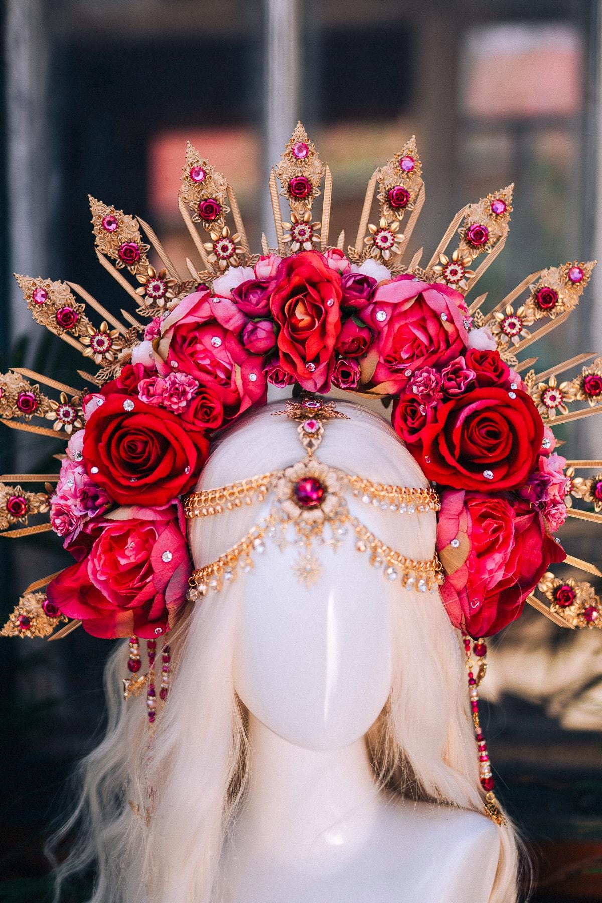 Radiant Pink Red Crown, Flower Halo Crown, Rose Festival Headpiece, Bridal Flower Crown, Fantasy Costume Crown, Handmade Goddess Halo