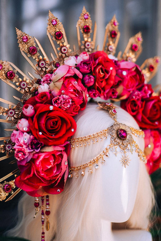 Radiant Pink Red Crown, Flower Halo Crown, Rose Festival Headpiece, Bridal Flower Crown, Fantasy Costume Crown, Handmade Goddess Halo