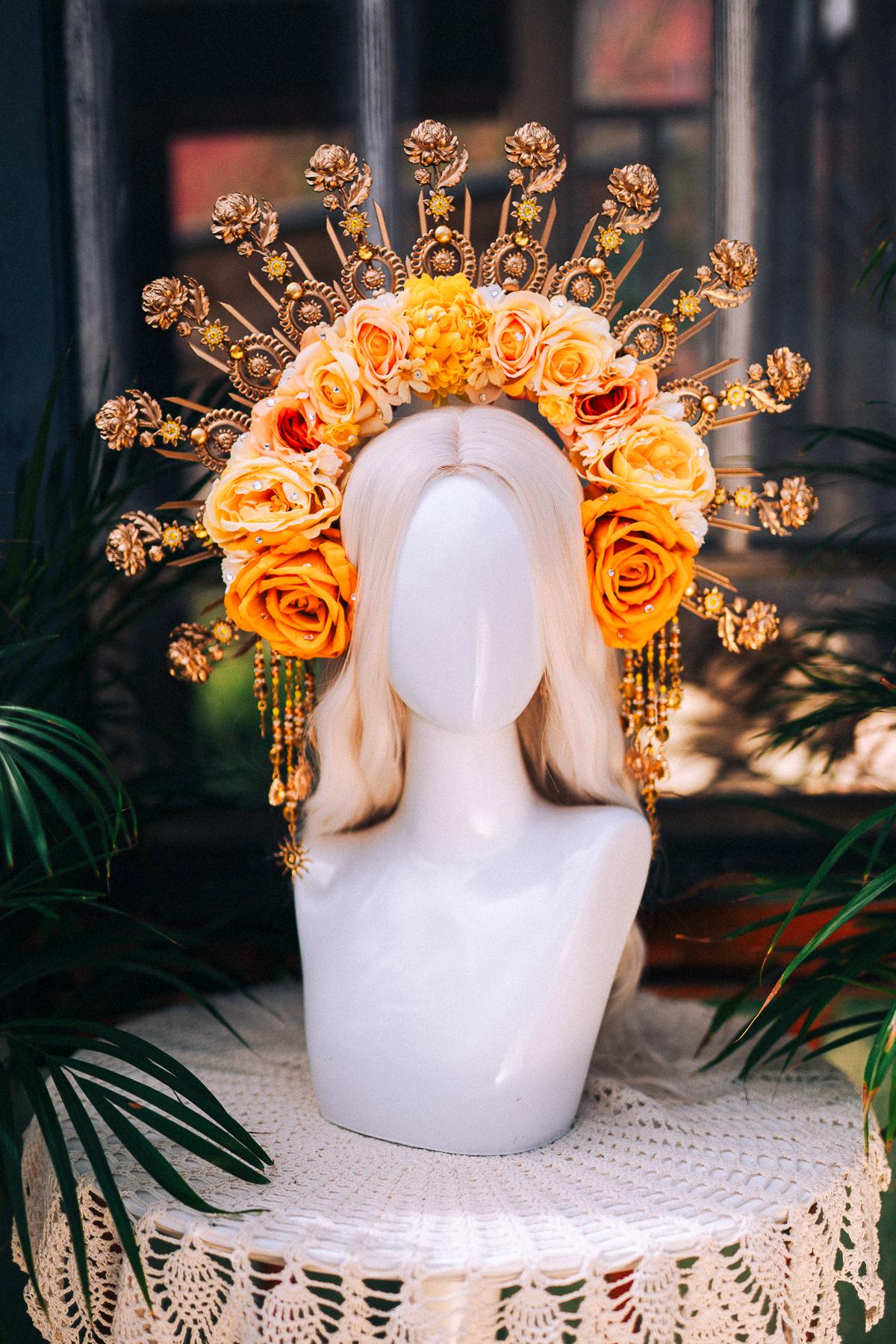 Yellow Flower Crown, Gold Headpiece, Halo Crown, Sun Goddess Tiara, Festival Crown, Wedding Headband, Celestial Crown, Boho Bride