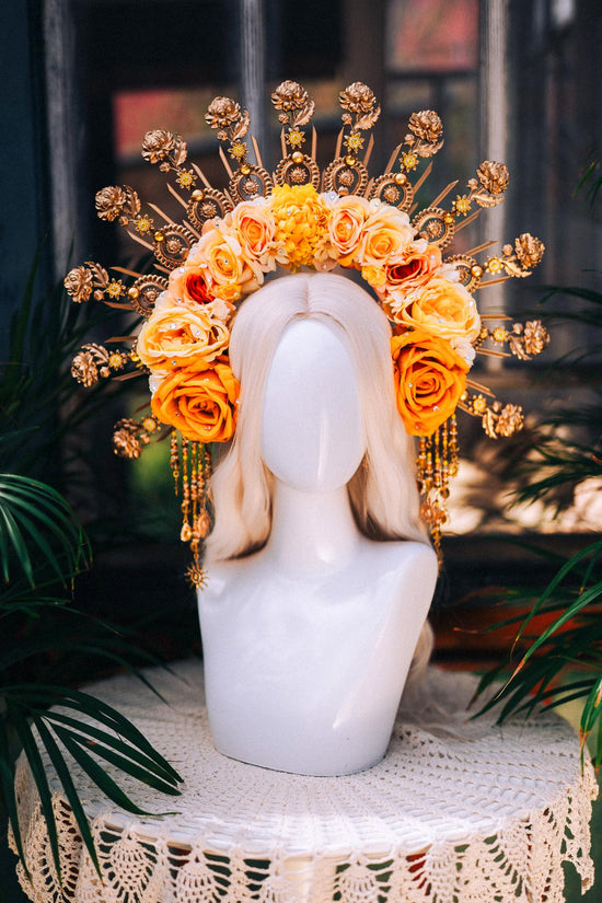 Yellow Flower Crown, Gold Headpiece, Halo Crown, Sun Goddess Tiara, Festival Crown, Wedding Headband, Celestial Crown, Boho Bride