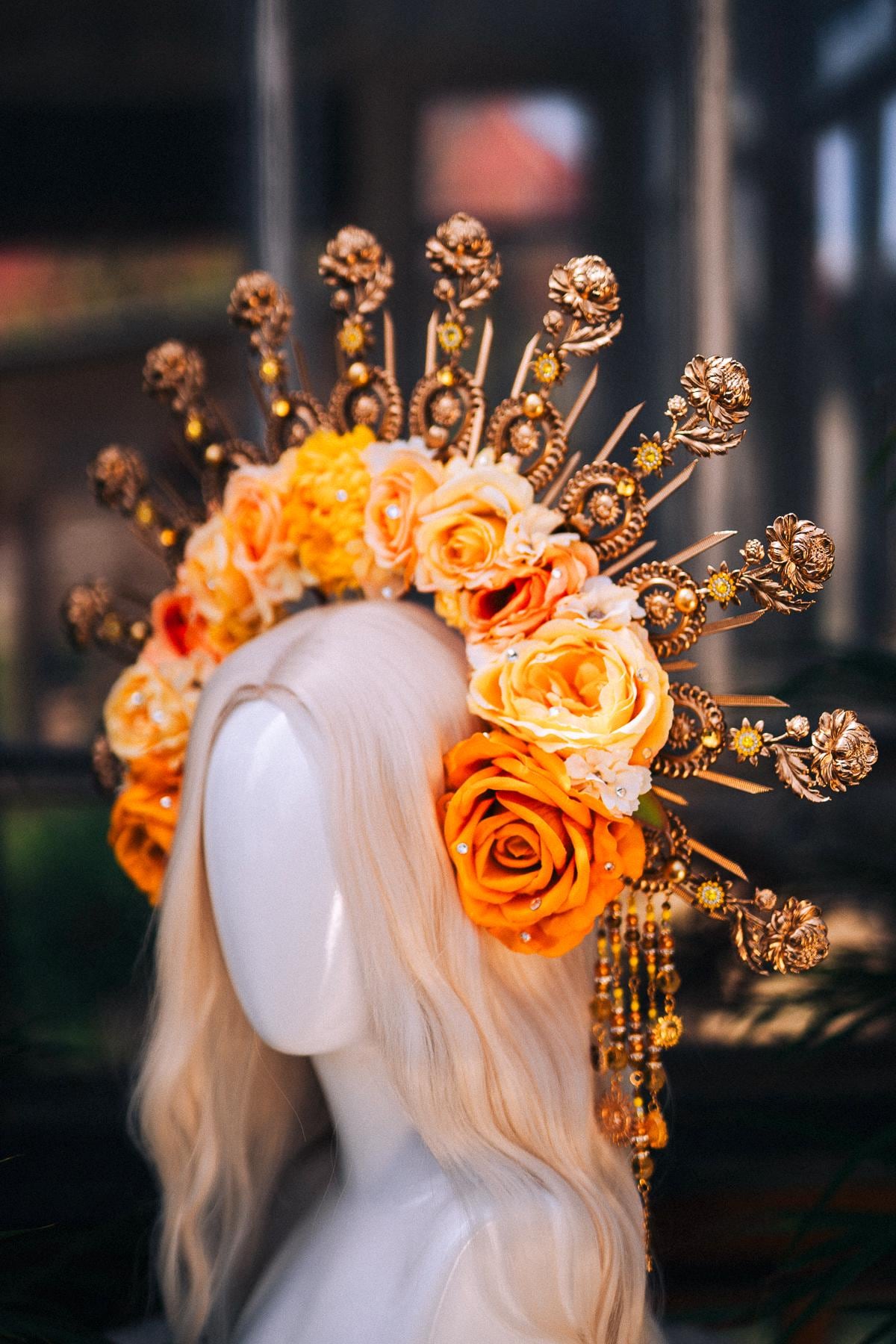 Yellow Flower Crown, Gold Headpiece, Halo Crown, Sun Goddess Tiara, Festival Crown, Wedding Headband, Celestial Crown, Boho Bride