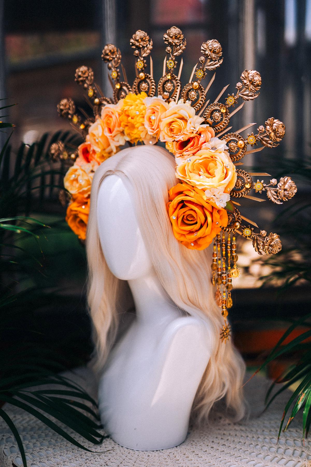 Yellow Flower Crown, Gold Headpiece, Halo Crown, Sun Goddess Tiara, Festival Crown, Wedding Headband, Celestial Crown, Boho Bride