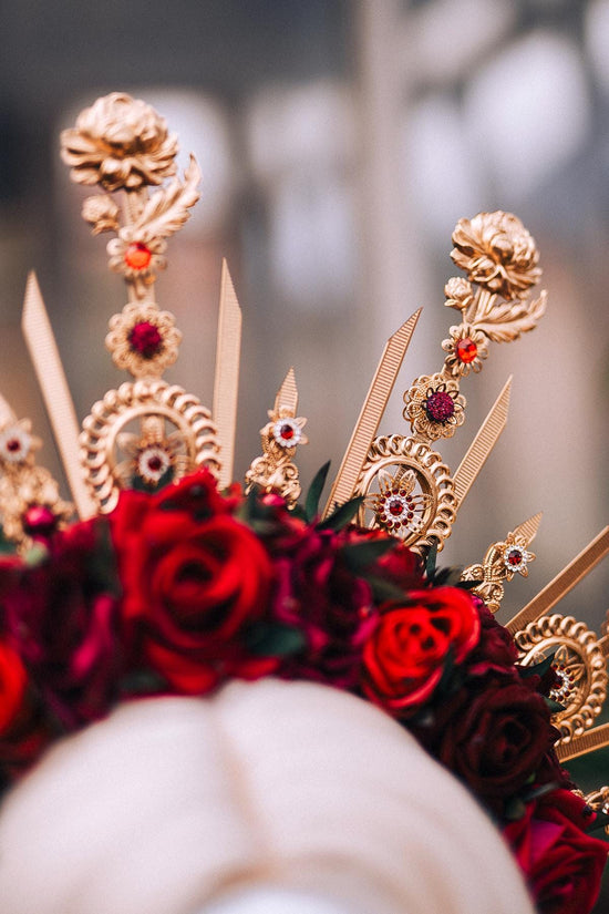 Royal Rose Garden Crown, Red Flower Crown, Golden Halo, Boho Bride Headpiece, Handmade Festival Crown, Wedding Accessory, Goddess Tiara