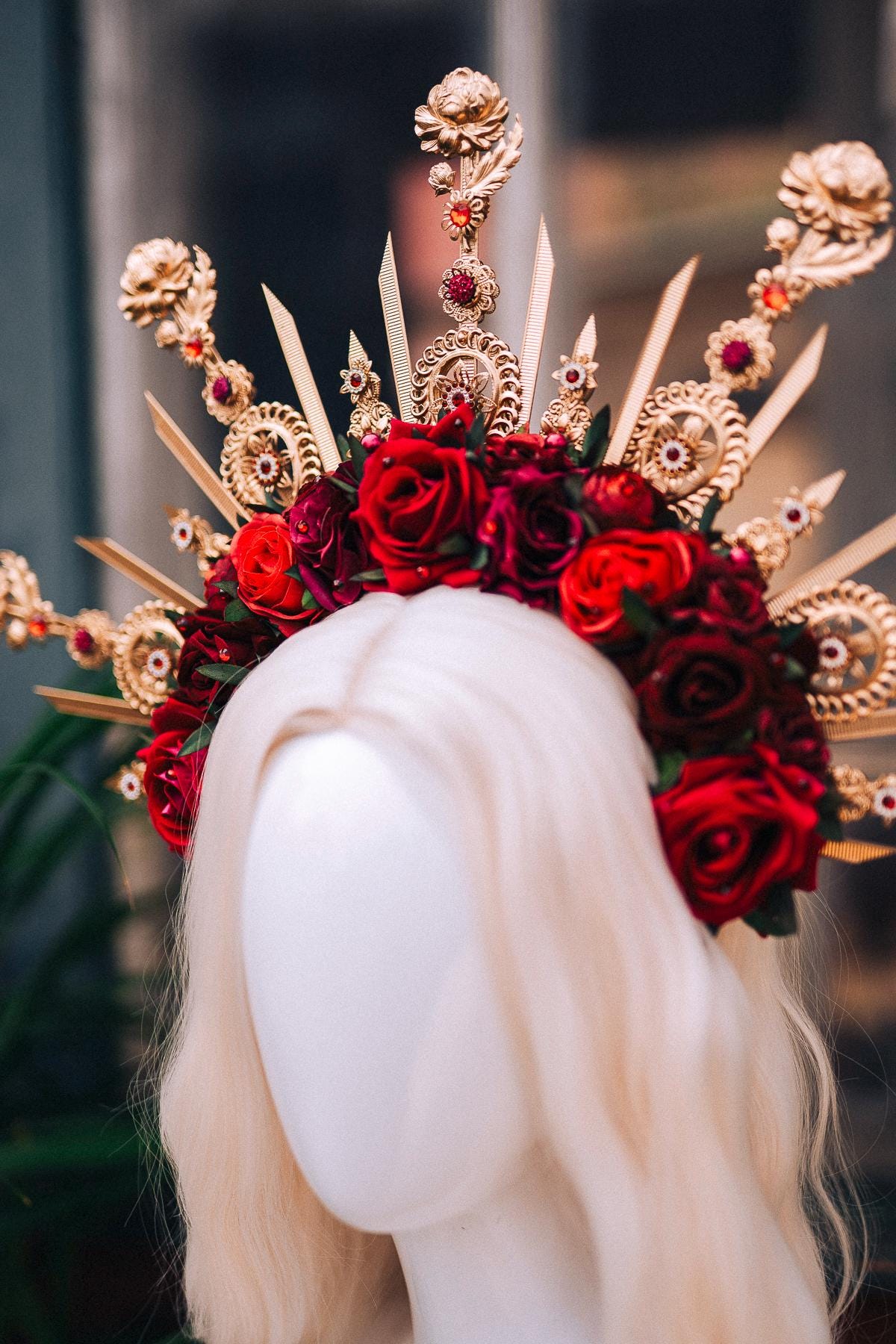 Royal Rose Garden Crown, Red Flower Crown, Golden Halo, Boho Bride Headpiece, Handmade Festival Crown, Wedding Accessory, Goddess Tiara