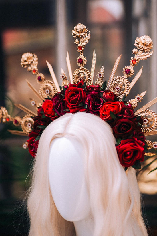 Royal Rose Garden Crown, Red Flower Crown, Golden Halo, Boho Bride Headpiece, Handmade Festival Crown, Wedding Accessory, Goddess Tiara