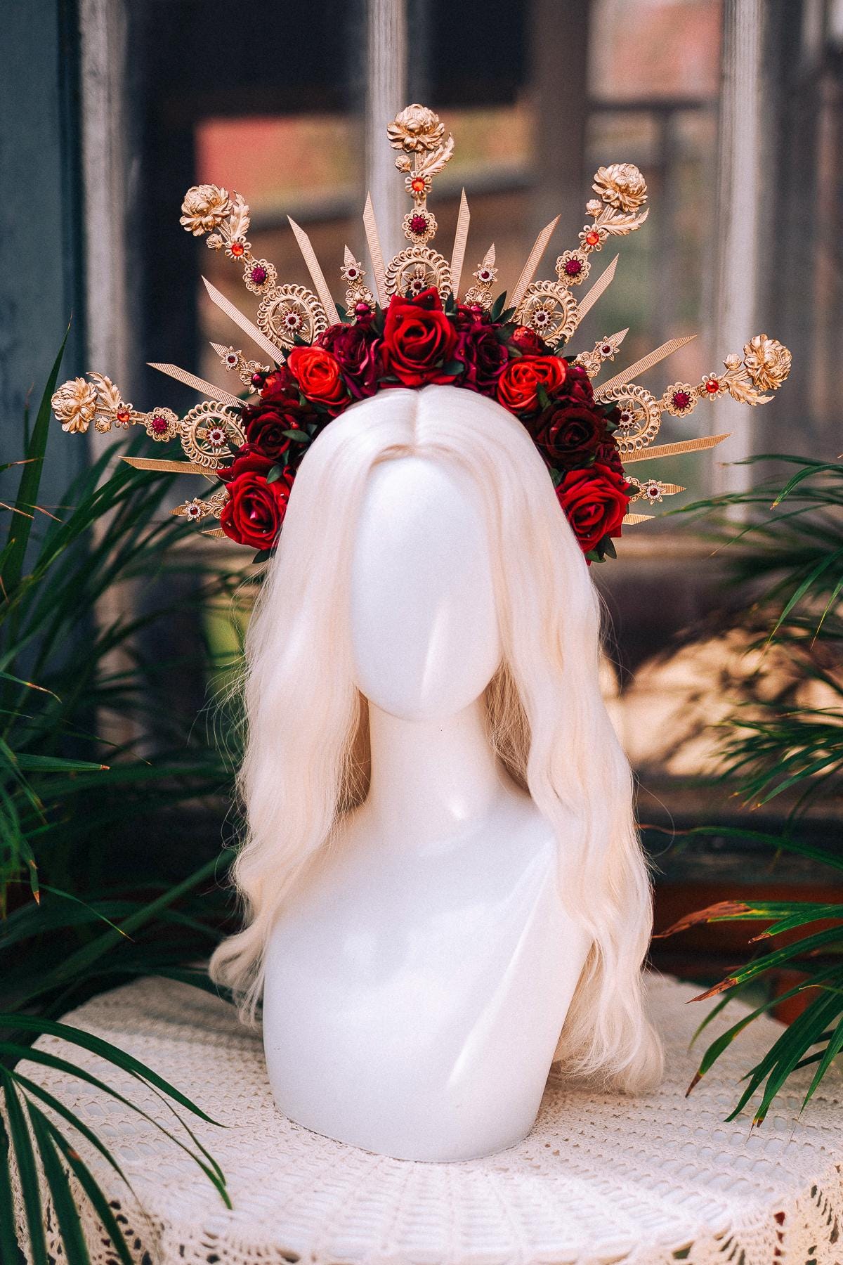 Royal Rose Garden Crown, Red Flower Crown, Golden Halo, Boho Bride Headpiece, Handmade Festival Crown, Wedding Accessory, Goddess Tiara