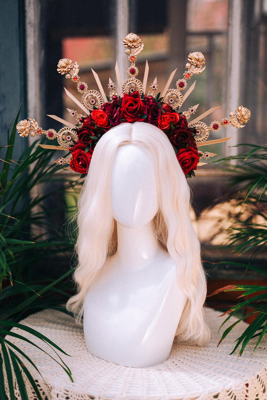 Royal Rose Garden Crown, Red Flower Crown, Golden Halo, Boho Bride Headpiece, Handmade Festival Crown, Wedding Accessory, Goddess Tiara