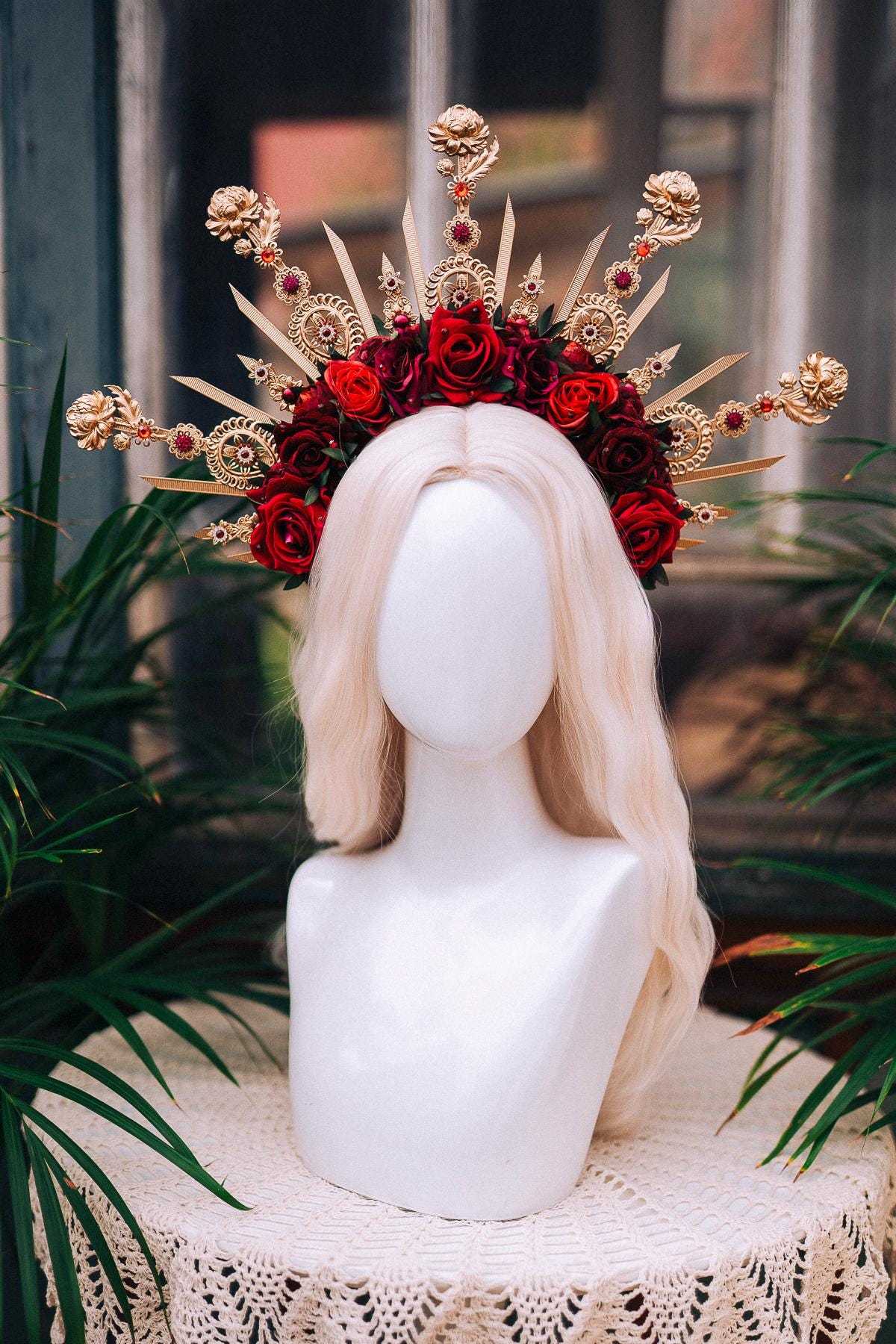 Royal Rose Garden Crown, Red Flower Crown, Golden Halo, Boho Bride Headpiece, Handmade Festival Crown, Wedding Accessory, Goddess Tiara