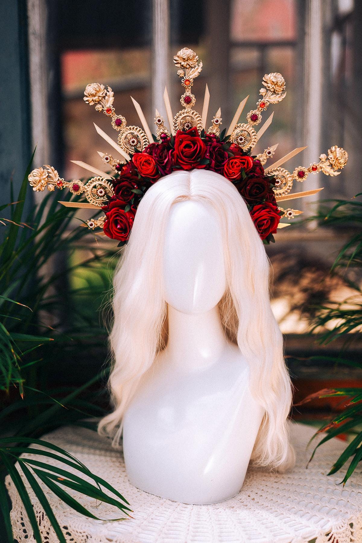 Royal Rose Garden Crown, Red Flower Crown, Golden Halo, Boho Bride Headpiece, Handmade Festival Crown, Wedding Accessory, Goddess Tiara