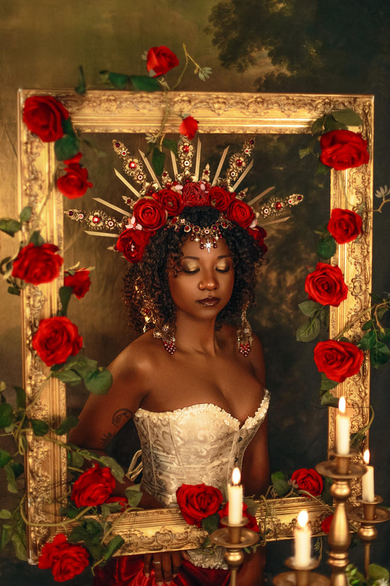 Royal Rose Garden Crown, Red Flower Crown, Golden Halo, Boho Bride Headpiece, Handmade Festival Crown, Wedding Accessory, Goddess Tiara