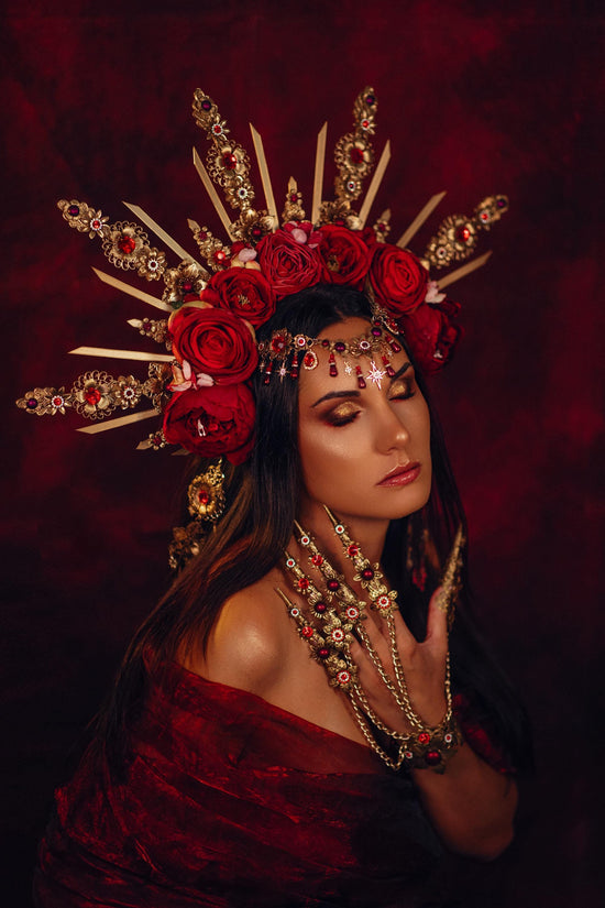 Royal Rose Garden Crown, Red Flower Crown, Golden Halo, Boho Bride Headpiece, Handmade Festival Crown, Wedding Accessory, Goddess Tiara
