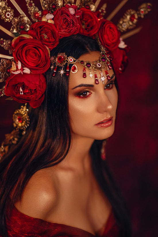 Royal Rose Garden Crown, Red Flower Crown, Golden Halo, Boho Bride Headpiece, Handmade Festival Crown, Wedding Accessory, Goddess Tiara