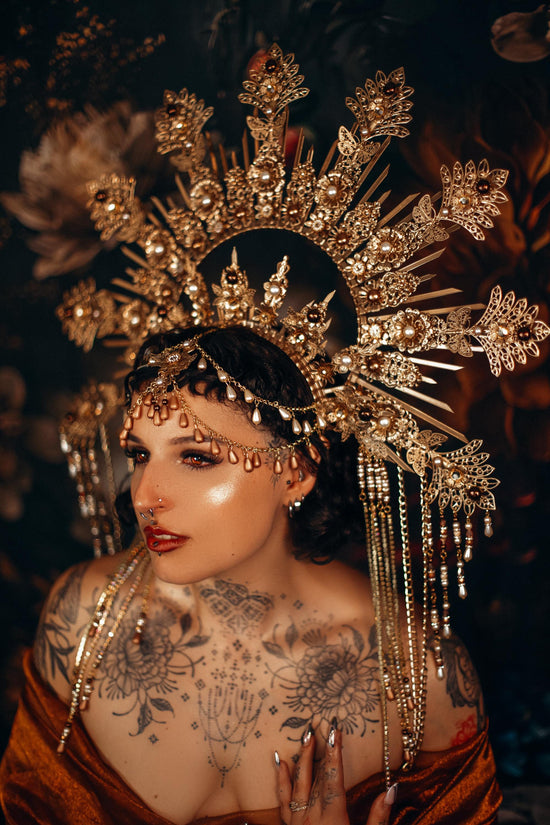 Celestial Empress Crown,Gold Halo Crown,Bridal Goddess Tiara,Festival Headpiece,Luxury Costume Crown,Fantasy Queen Halo,Statement Headwear