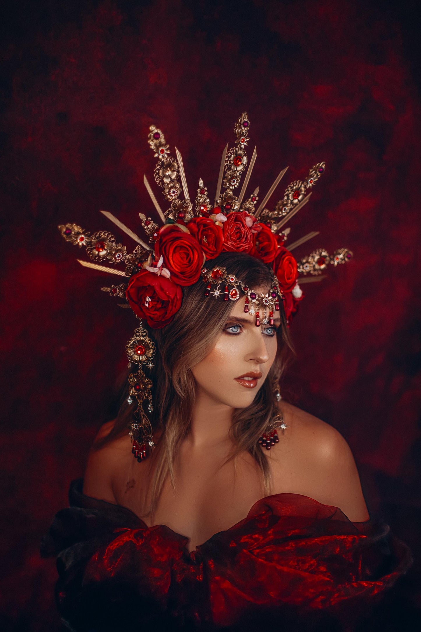 Royal Rose Garden Crown, Red Flower Crown, Golden Halo, Boho Bride Headpiece, Handmade Festival Crown, Wedding Accessory, Goddess Tiara