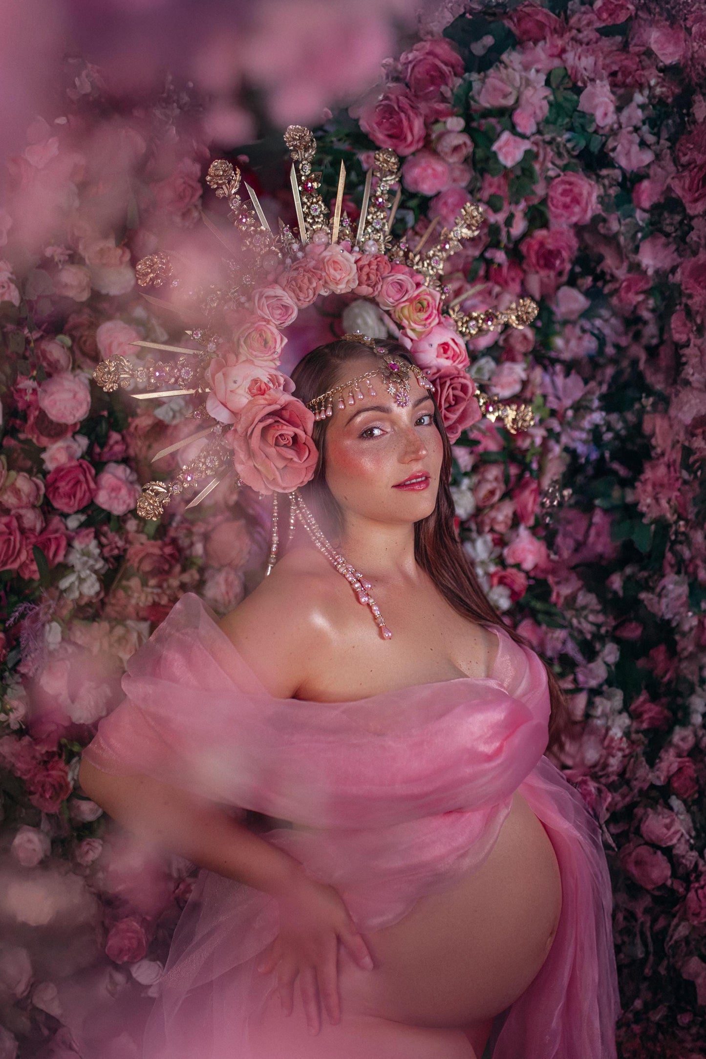 Celestial Flower Crown, Gold Boho Headpiece, Pink Rose Tiara, Goddess Halo Crown, Wedding Floral Crown, Festival Headpiece, Carnival Tiara