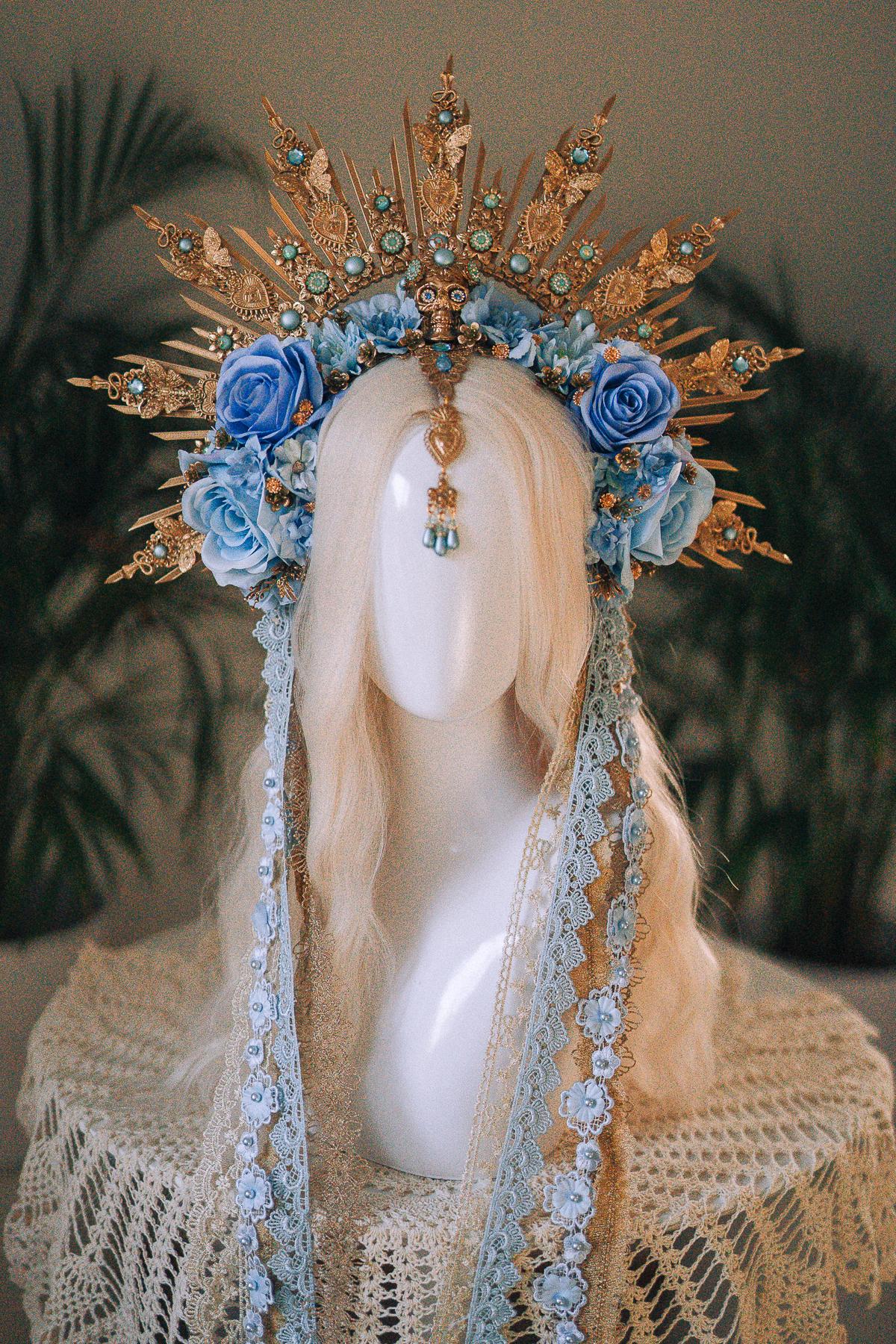 La Catrina Crown, Blue Skull Crown, Día De Los Muertos Headpiece, Halloween Costume, Gold Floral Halo, Turquoise Flower Crown, Sugar Skull