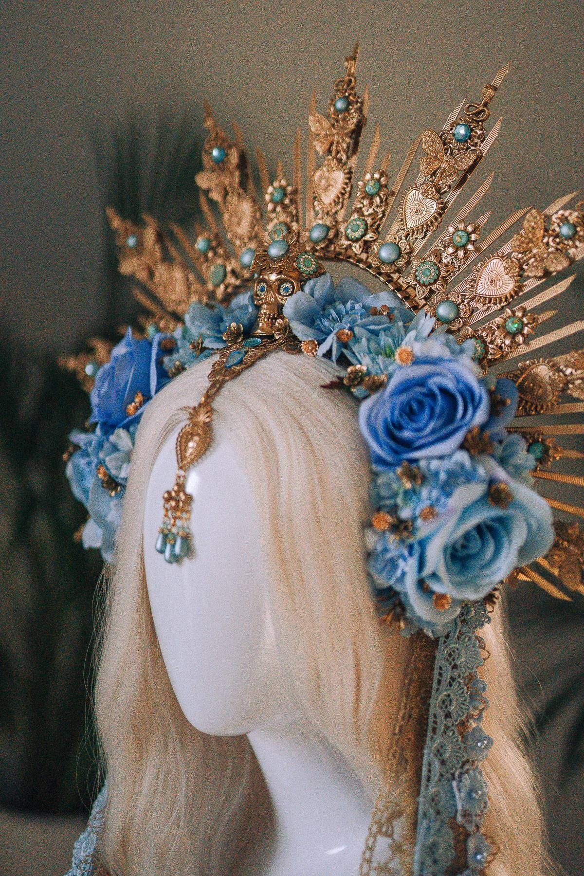 La Catrina Crown, Blue Skull Crown, Día De Los Muertos Headpiece, Halloween Costume, Gold Floral Halo, Turquoise Flower Crown, Sugar Skull