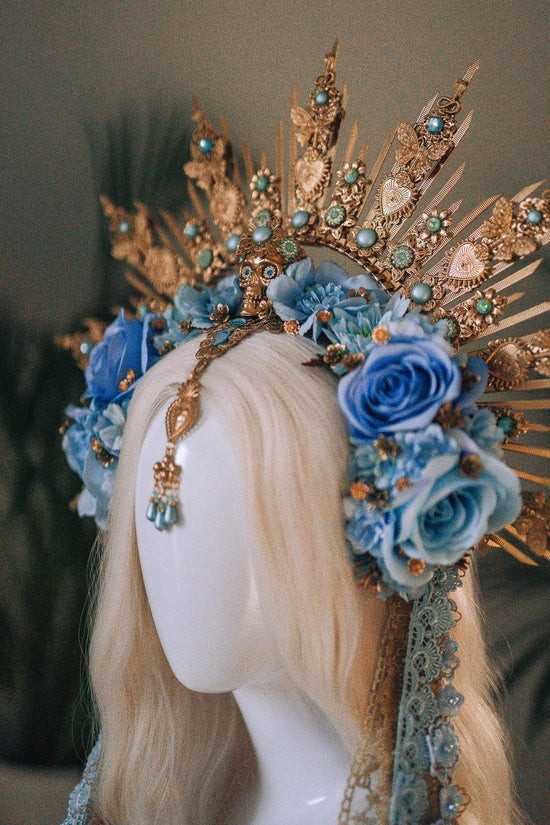 La Catrina Crown, Blue Skull Crown, Día De Los Muertos Headpiece, Halloween Costume, Gold Floral Halo, Turquoise Flower Crown, Sugar Skull