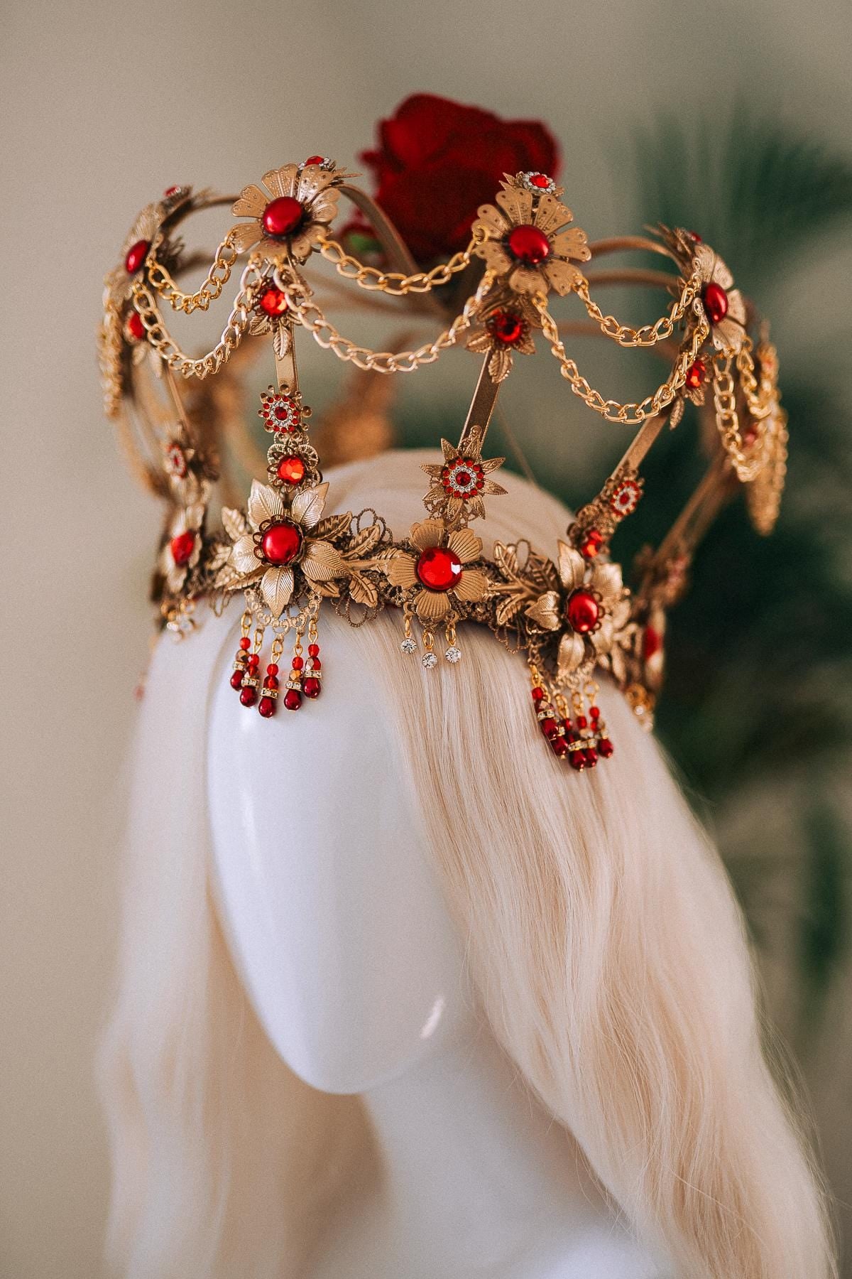 Royal Red Crown, Festival Crown, Red Queen Headpiece, Burning Man Crown, Baroque Costume Tiara, Regal Crown, Boho Goddess Crown, Halloween