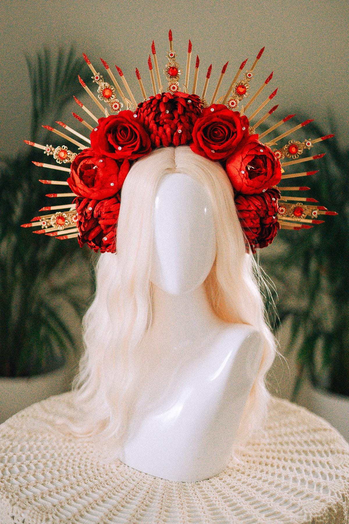 Red Flower Halo Crown,Boho Maternity Headpiece,Festival Costume Crown,Halloween Floral Tiara,Frida Inspired Crown,Photo Prop