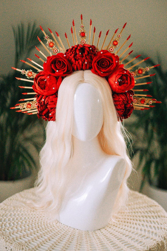 Red Flower Halo Crown,Boho Maternity Headpiece,Festival Costume Crown,Halloween Floral Tiara,Frida Inspired Crown,Photo Prop