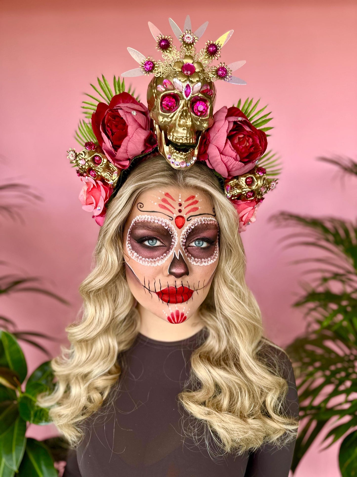 SALE La Catrina Skull Crown, Red Floral Headpiece, Dia de los Muertos, Gothic Flower Crown, Halloween Headpiece, Sugar Skull Tiara, Festival