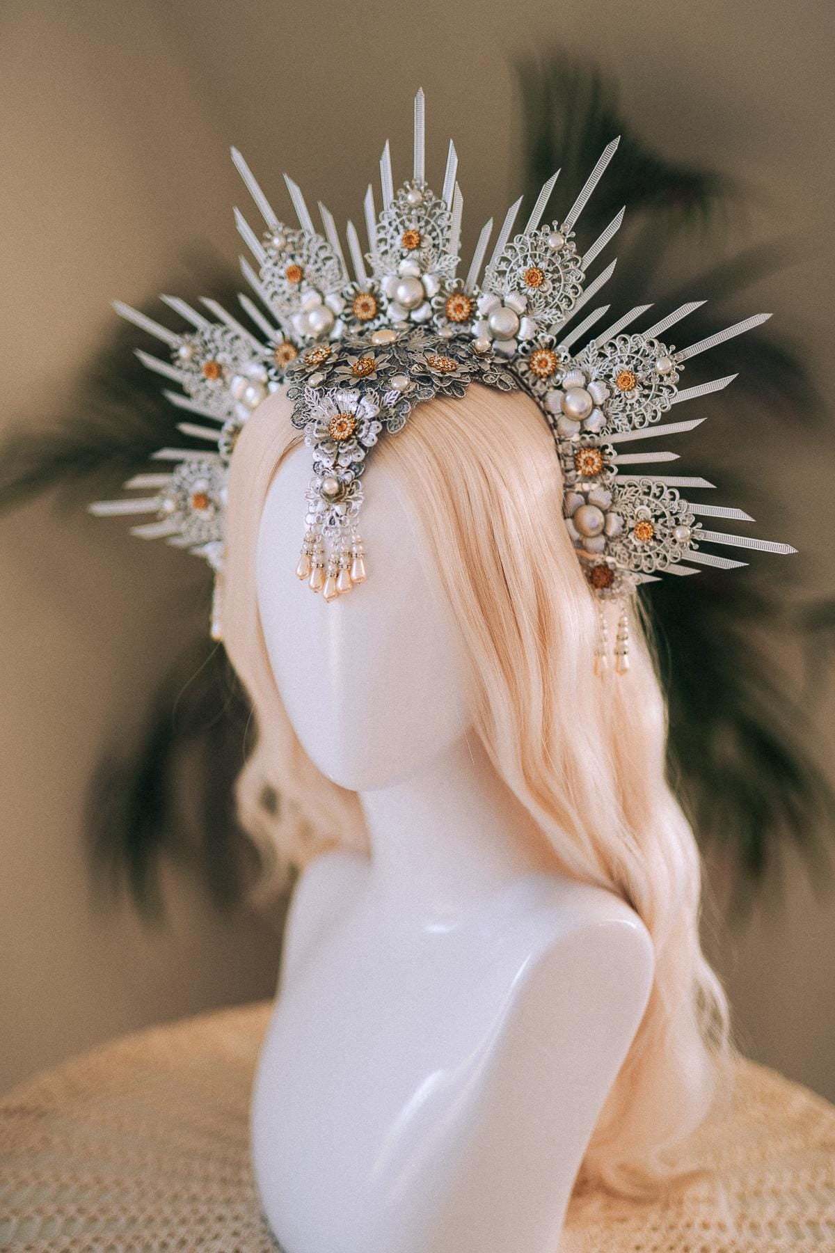 Silver Halo Crown, White And Gold Headpiece, Festival Crown, Pearl Bridal Tiara, Celestial Goddess Crown, Fantasy Costume Accessory