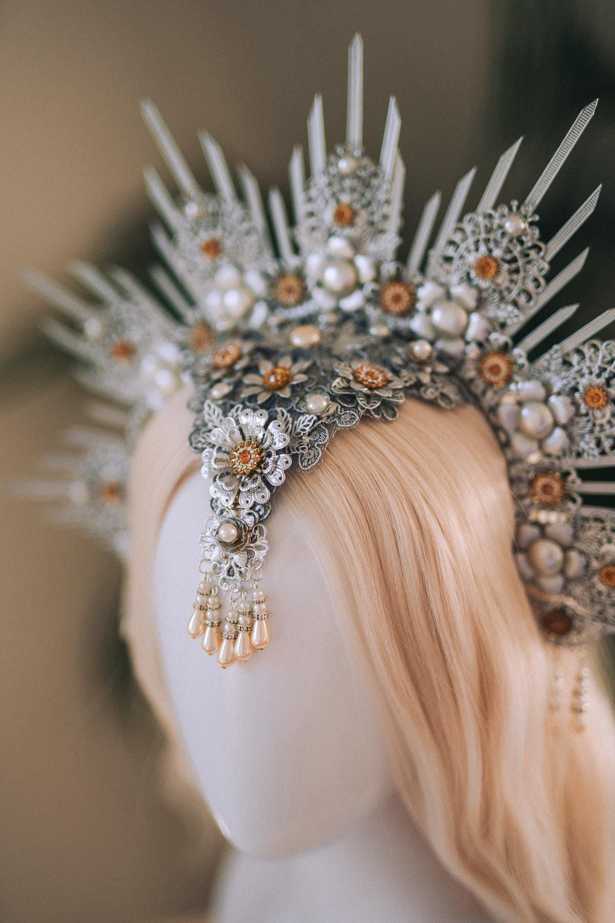 Silver Halo Crown, White And Gold Headpiece, Festival Crown, Pearl Bridal Tiara, Celestial Goddess Crown, Fantasy Costume Accessory