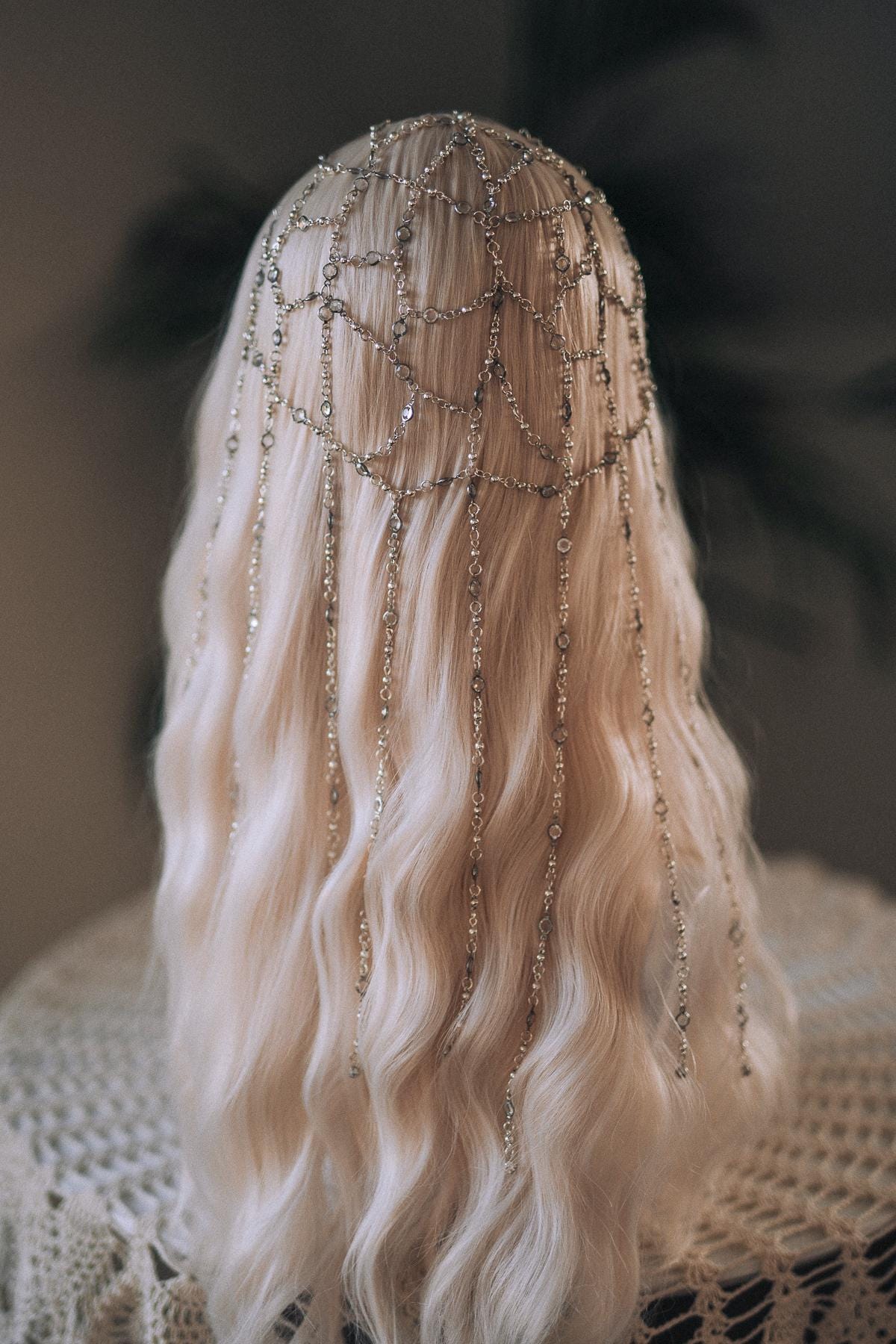 Silver Bridal Head Chain, Crystal Hair Jewelry, Wedding Hair Accessory, Festival Headpiece, Beaded Hair Drape, Boho Head Chain