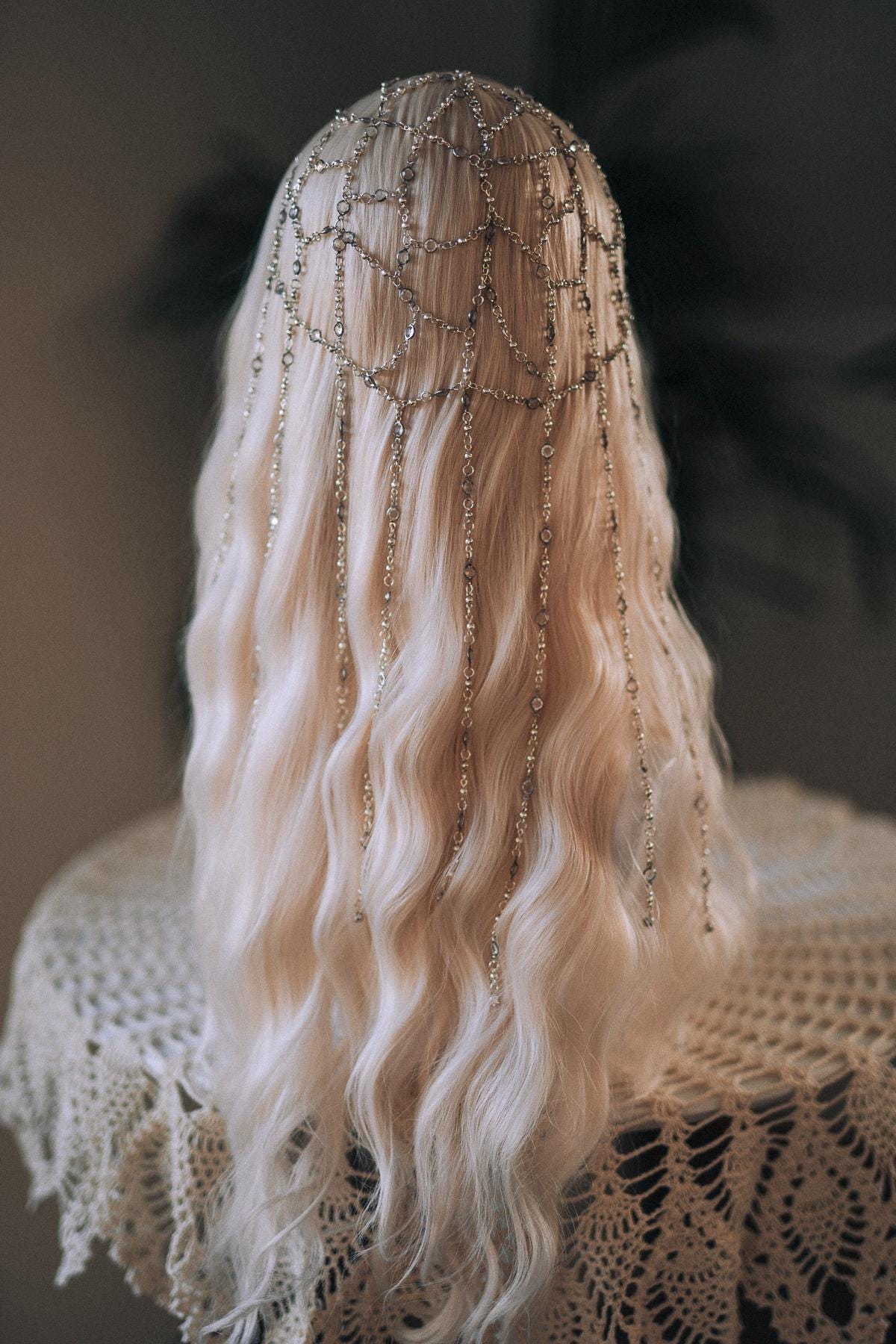 Silver Bridal Head Chain, Crystal Hair Jewelry, Wedding Hair Accessory, Festival Headpiece, Beaded Hair Drape, Boho Head Chain