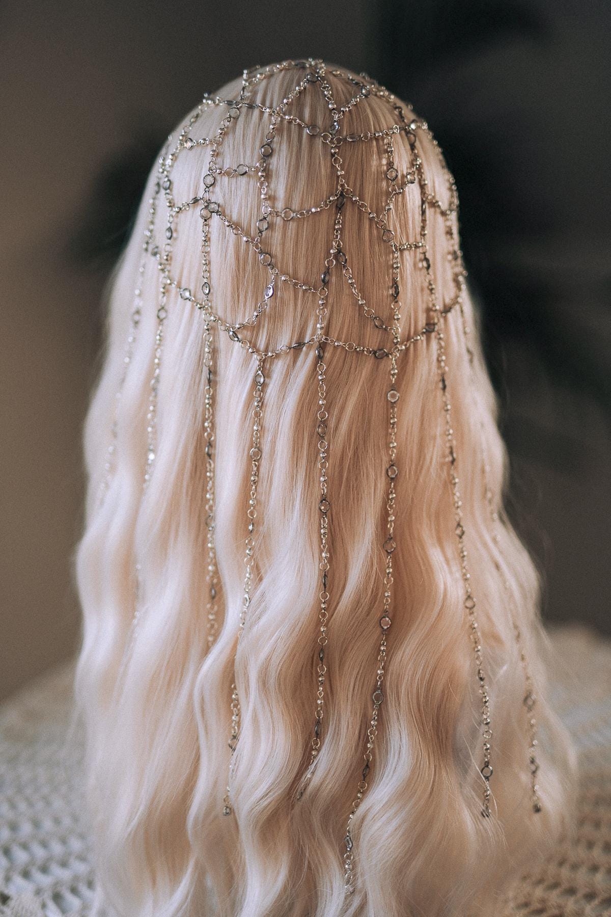 Silver Bridal Head Chain, Crystal Hair Jewelry, Wedding Hair Accessory, Festival Headpiece, Beaded Hair Drape, Boho Head Chain