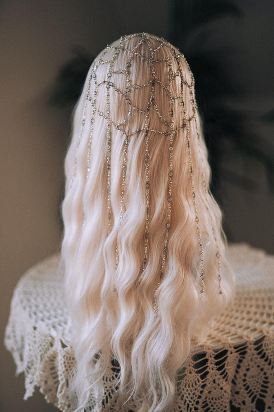 Silver Bridal Head Chain, Crystal Hair Jewelry, Wedding Hair Accessory, Festival Headpiece, Beaded Hair Drape, Boho Head Chain