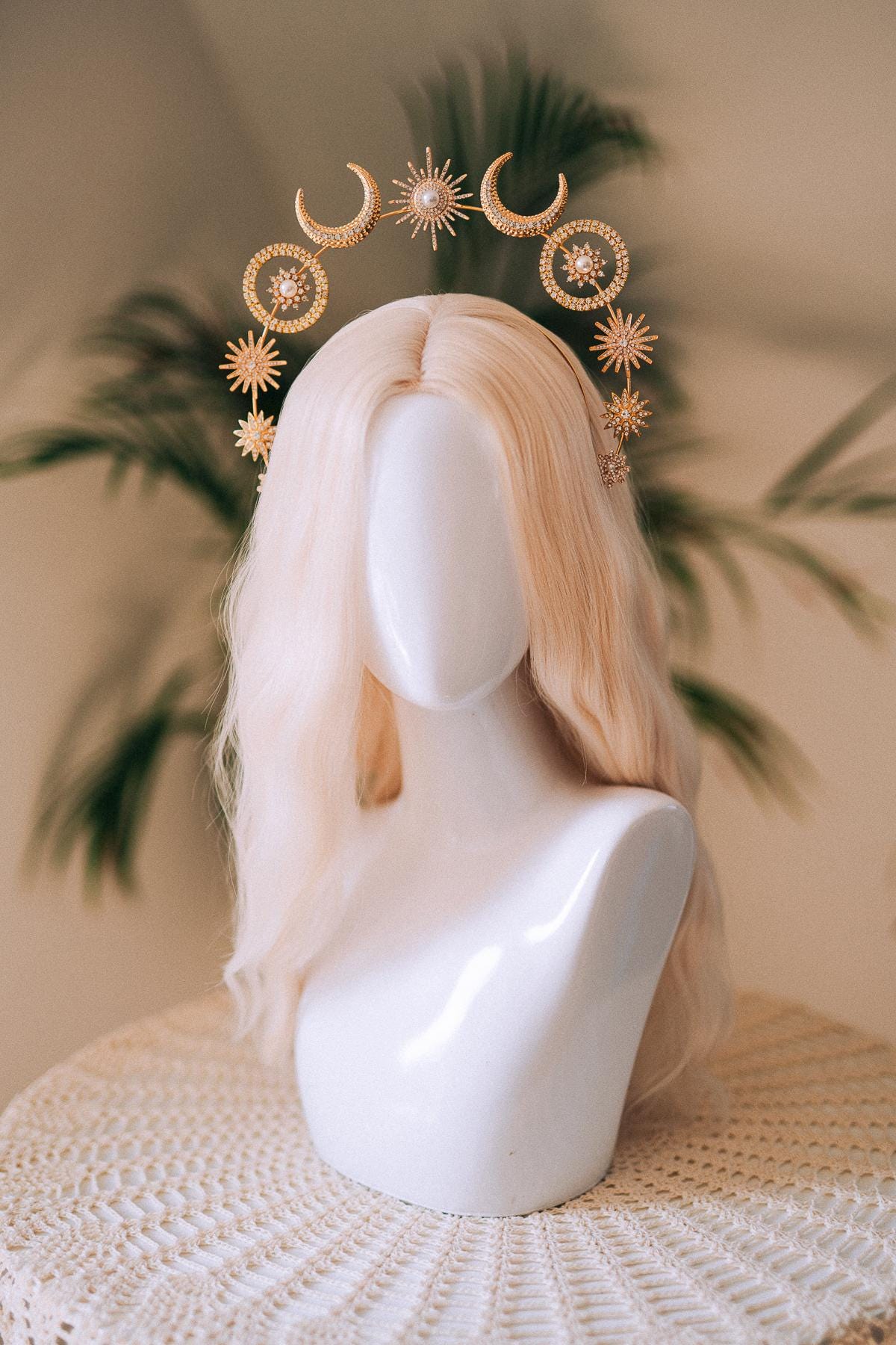 Celestial Halo Crown, Sun Moon Headpiece, Gold Star Crown, Goddess Festival Crown, Cosmic Tiara, Boho Headband, Bridal Accessory, Handmade