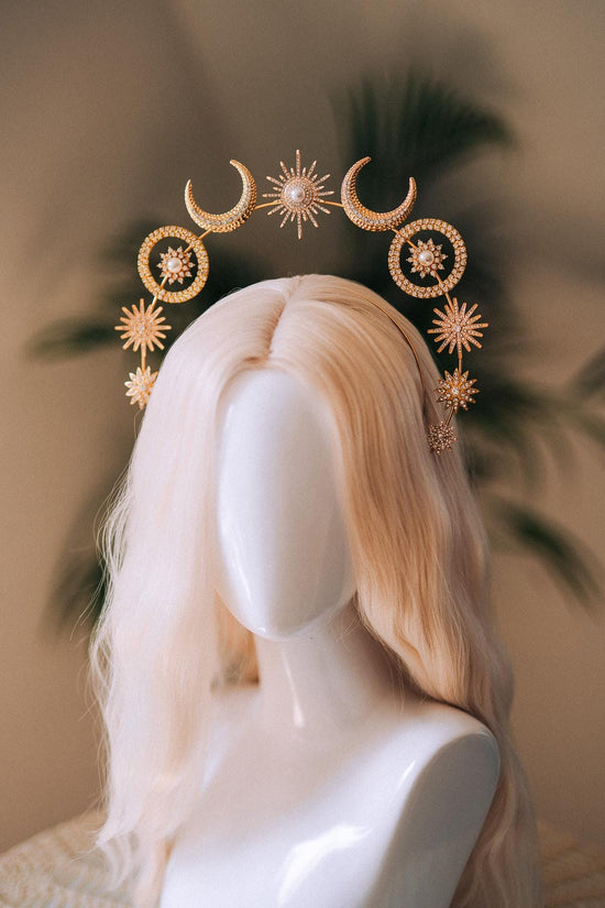 Celestial Halo Crown, Sun Moon Headpiece, Gold Star Crown, Goddess Festival Crown, Cosmic Tiara, Boho Headband, Bridal Accessory, Handmade