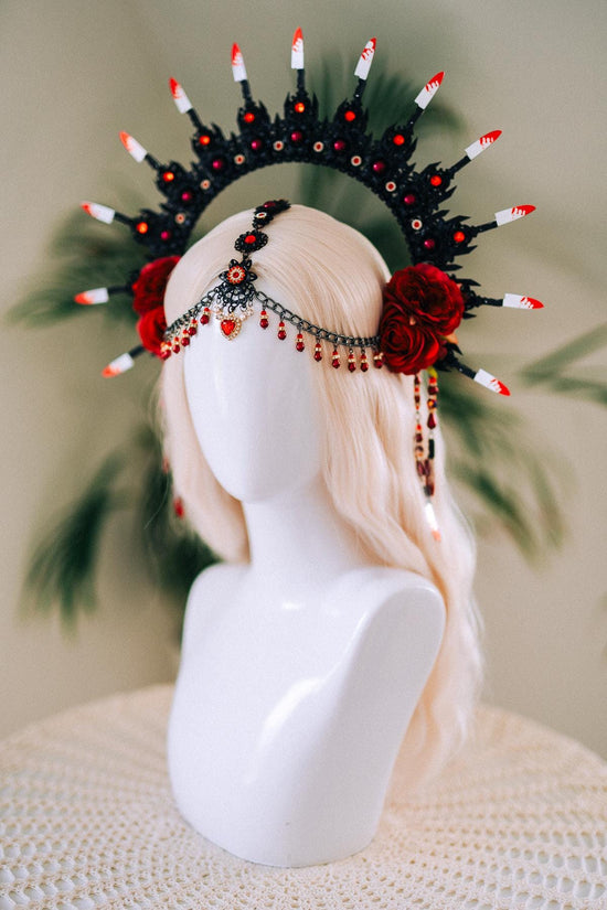 Bloody Halo Crown, Gothic Halloween Headpiece, Vampire Costume, Red Black Tiara, Handmade Spikes, Spooky Festival Accessory, Spooky Crown