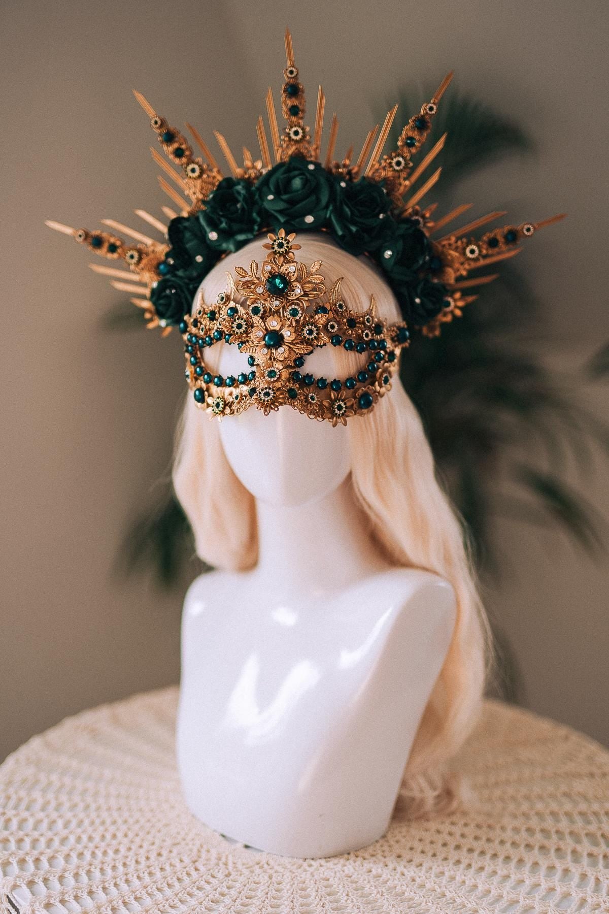 Emerald Green Halo Crown, Gold Headpiece, Carnival Costume, Flower Spiked Tiara, Baroque Festival Crown, Masquerade Queen Headdress