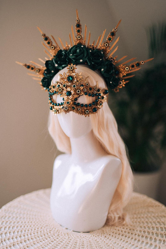 Emerald Green Halo Crown, Gold Headpiece, Carnival Costume, Flower Spiked Tiara, Baroque Festival Crown, Masquerade Queen Headdress