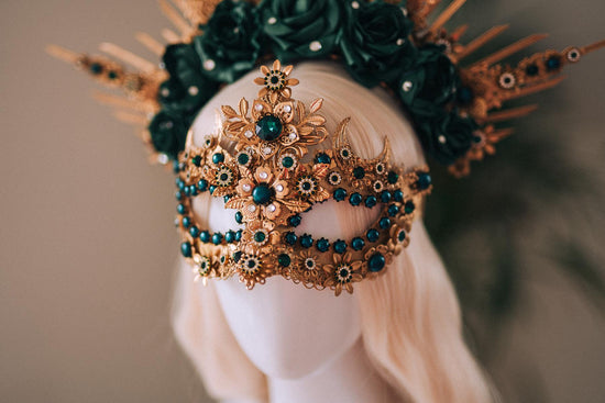 Emerald Green Halo Crown, Gold Headpiece, Carnival Costume, Flower Spiked Tiara, Baroque Festival Crown, Masquerade Queen Headdress