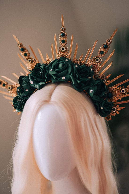Emerald Green Halo Crown, Gold Headpiece, Carnival Costume, Flower Spiked Tiara, Baroque Festival Crown, Masquerade Queen Headdress