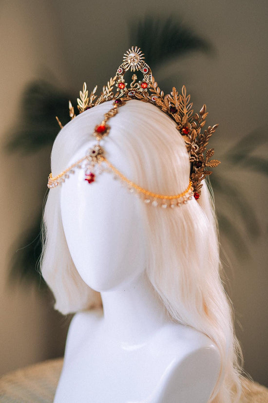 Solar Flare Crown, Red Crystal Headpiece, Sun Gold Crown, Celestial Head Chain, Goddess Tiara, Festival Jewelry, Boho Costume Tiara