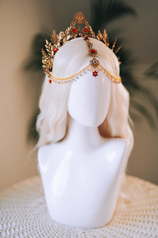 Solar Flare Crown, Red Crystal Headpiece, Sun Gold Crown, Celestial Head Chain, Goddess Tiara, Festival Jewelry, Boho Costume Tiara