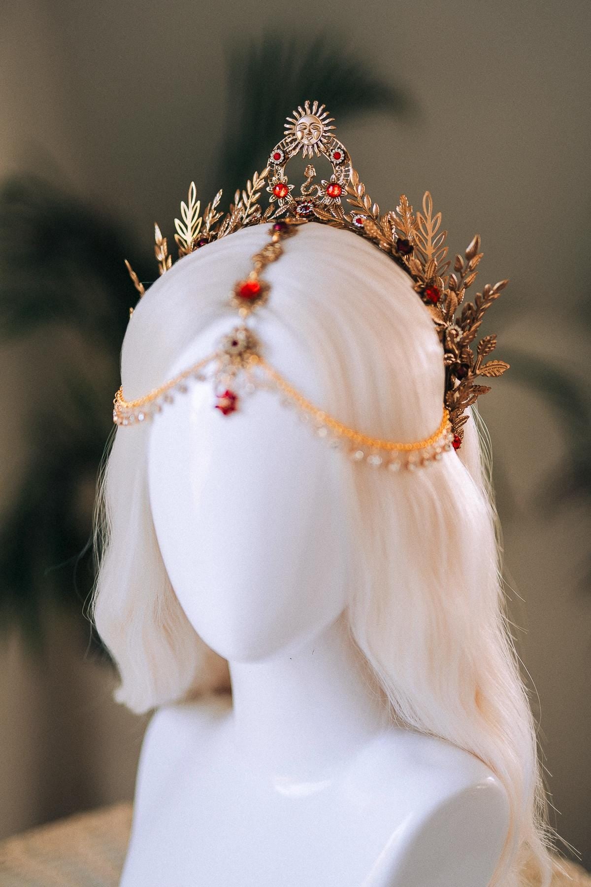 Solar Flare Crown, Red Crystal Headpiece, Sun Gold Crown, Celestial Head Chain, Goddess Tiara, Festival Jewelry, Boho Costume Tiara