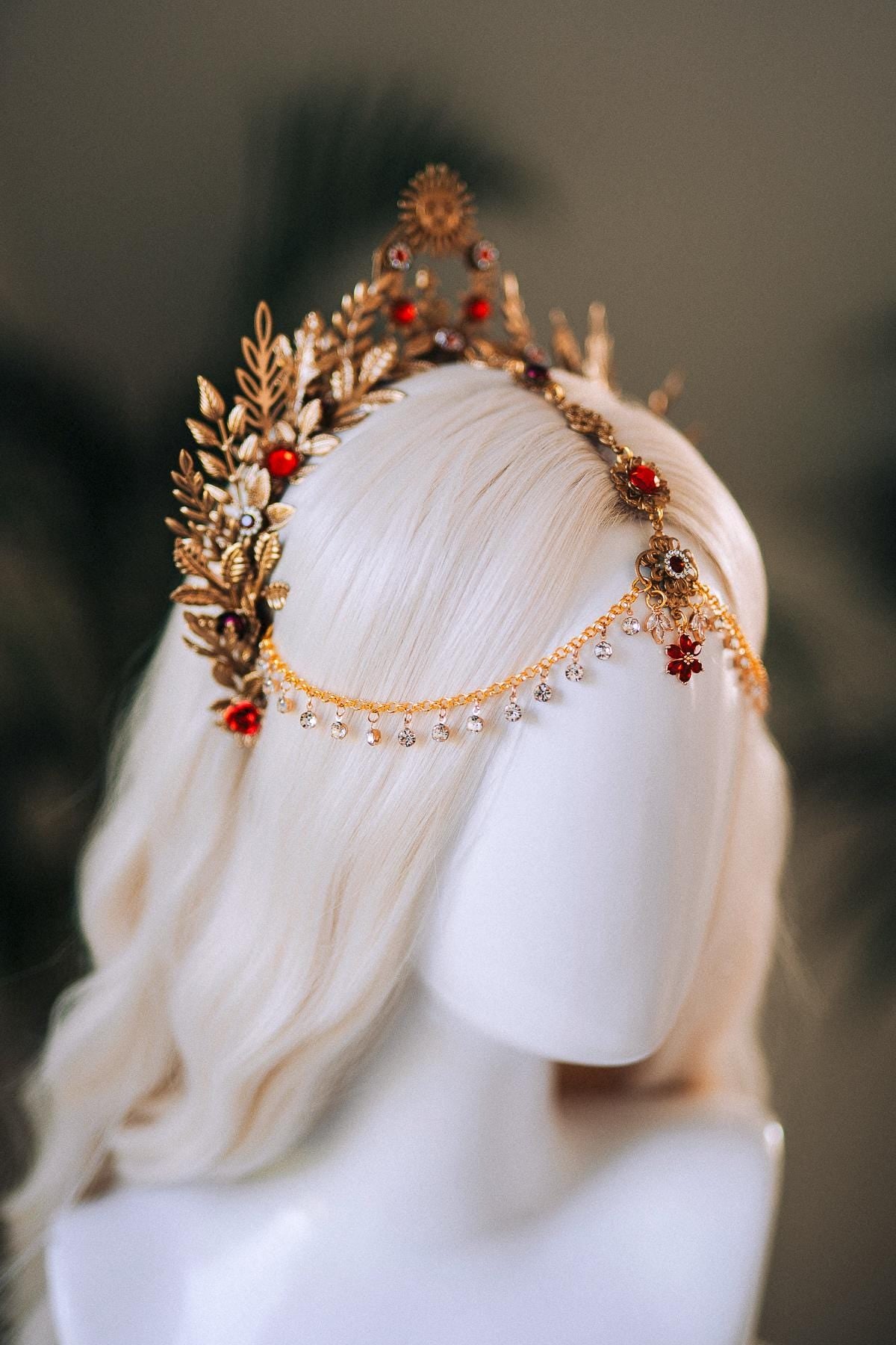 Solar Flare Crown, Red Crystal Headpiece, Sun Gold Crown, Celestial Head Chain, Goddess Tiara, Festival Jewelry, Boho Costume Tiara